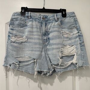 American Eagle Outfitters High Waisted Strigid Ripped Light Blue Jean Shorts